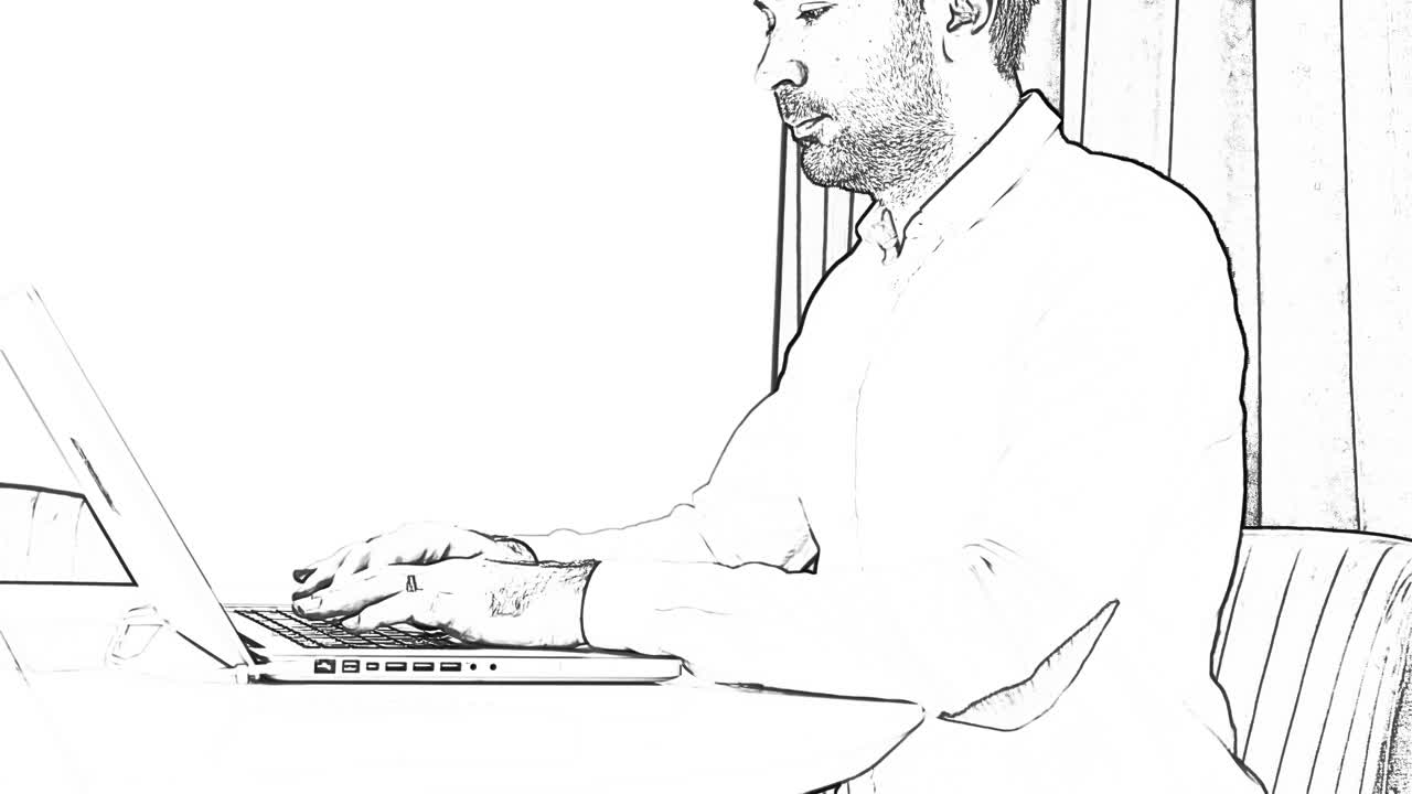 Homem digitando em um computador, arte de doodle em preto e branco