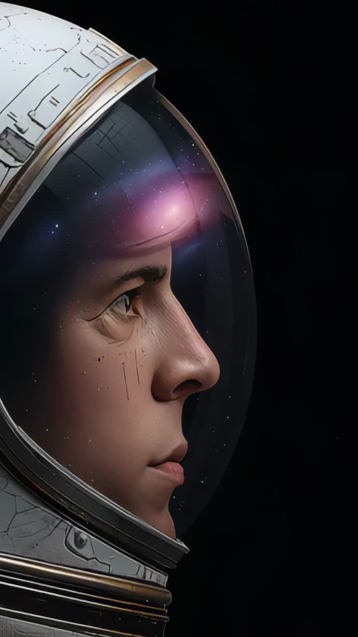 Vertical video: Blinking astronaut refocusing helmet visor nebula glow after 3s in void, copy space