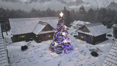 christmas tree with colorful light bulbs and christmas ornaments in the center of a small winter village with wooden cabins, pine trees and snow falling 3d animation camera static