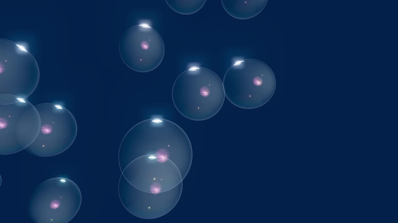 Transparent spheres drift slowly across a deep blue backdrop with gentle lighting and subtle reflections