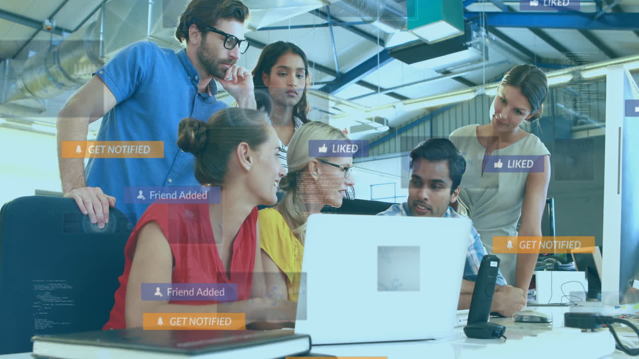 Collaborating at office, diverse team with social media notifications on screen