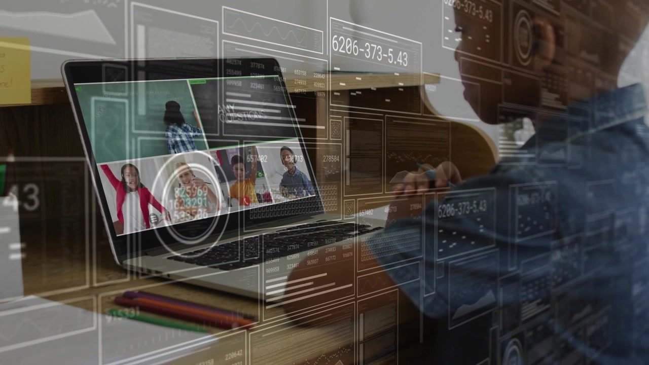 Child joining online classroom on laptop activating data overlays for math learning