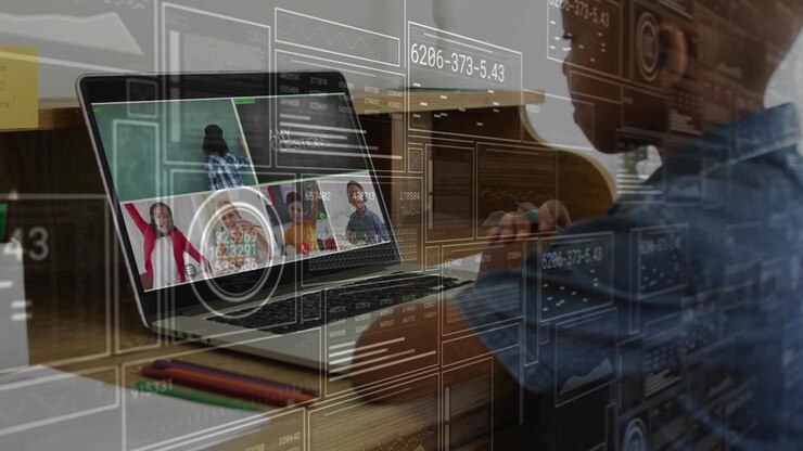 Child joining online classroom on laptop activating data overlays for math learning