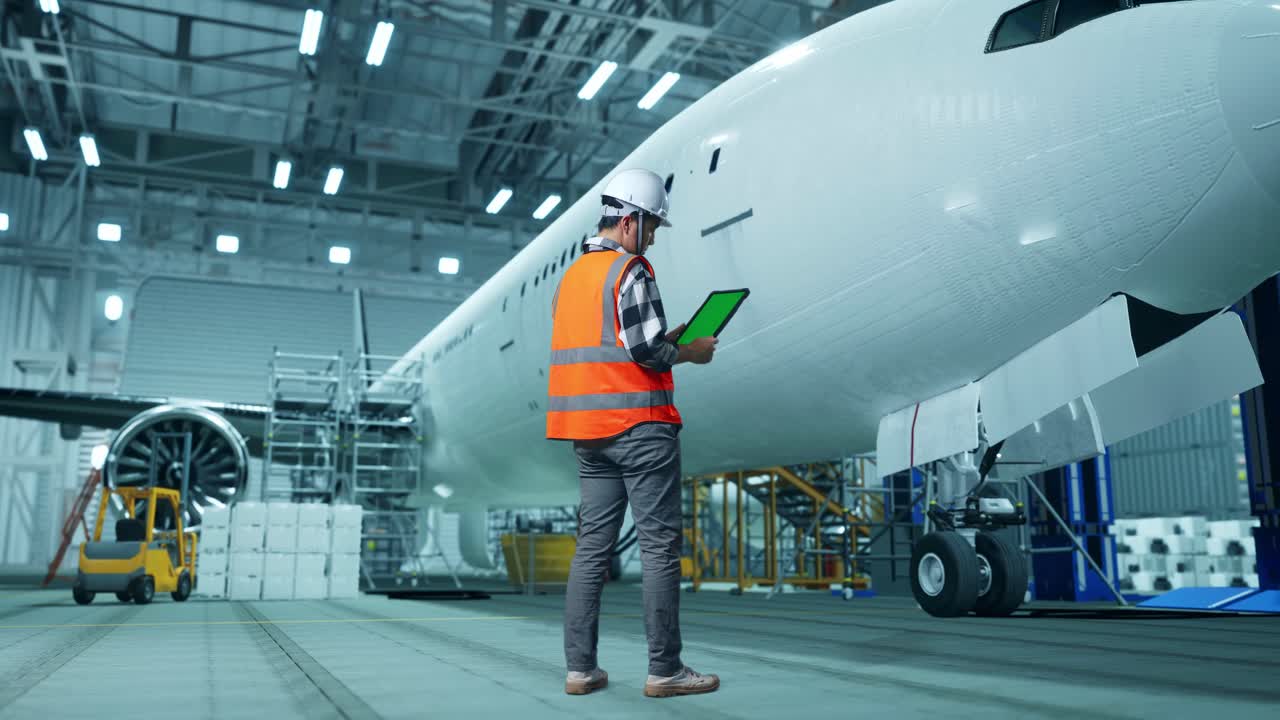 vista trasera completa del cuerpo de un ingeniero masculino asiático con casco de seguridad de pie con la aeronave en el hangar. zoom en la tableta de pantalla verde y mirando a su alrededor mientras el mantenimiento de la aeronave