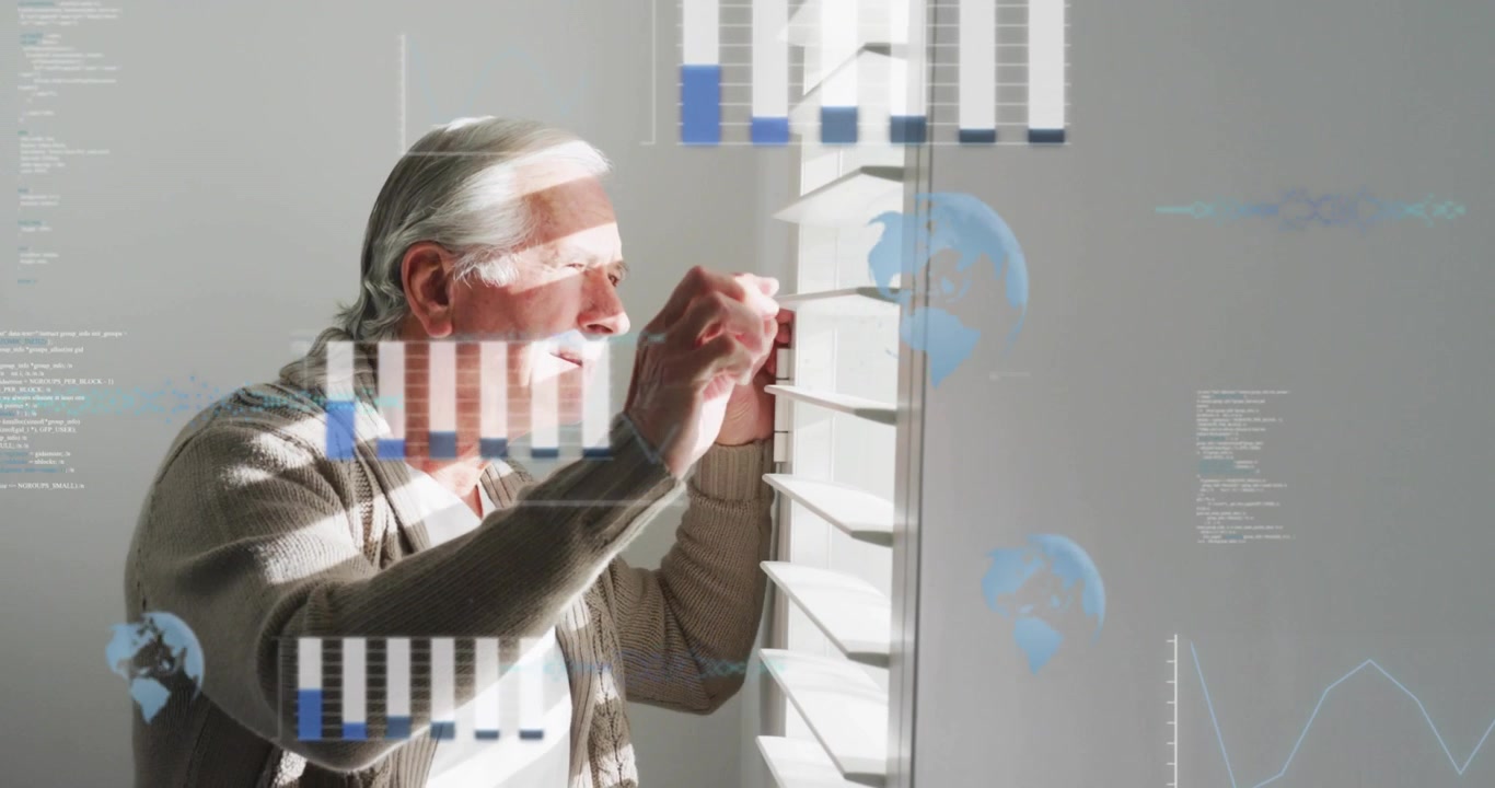 Senior man tilting blind slat letting light in revealing chart overlays for data review