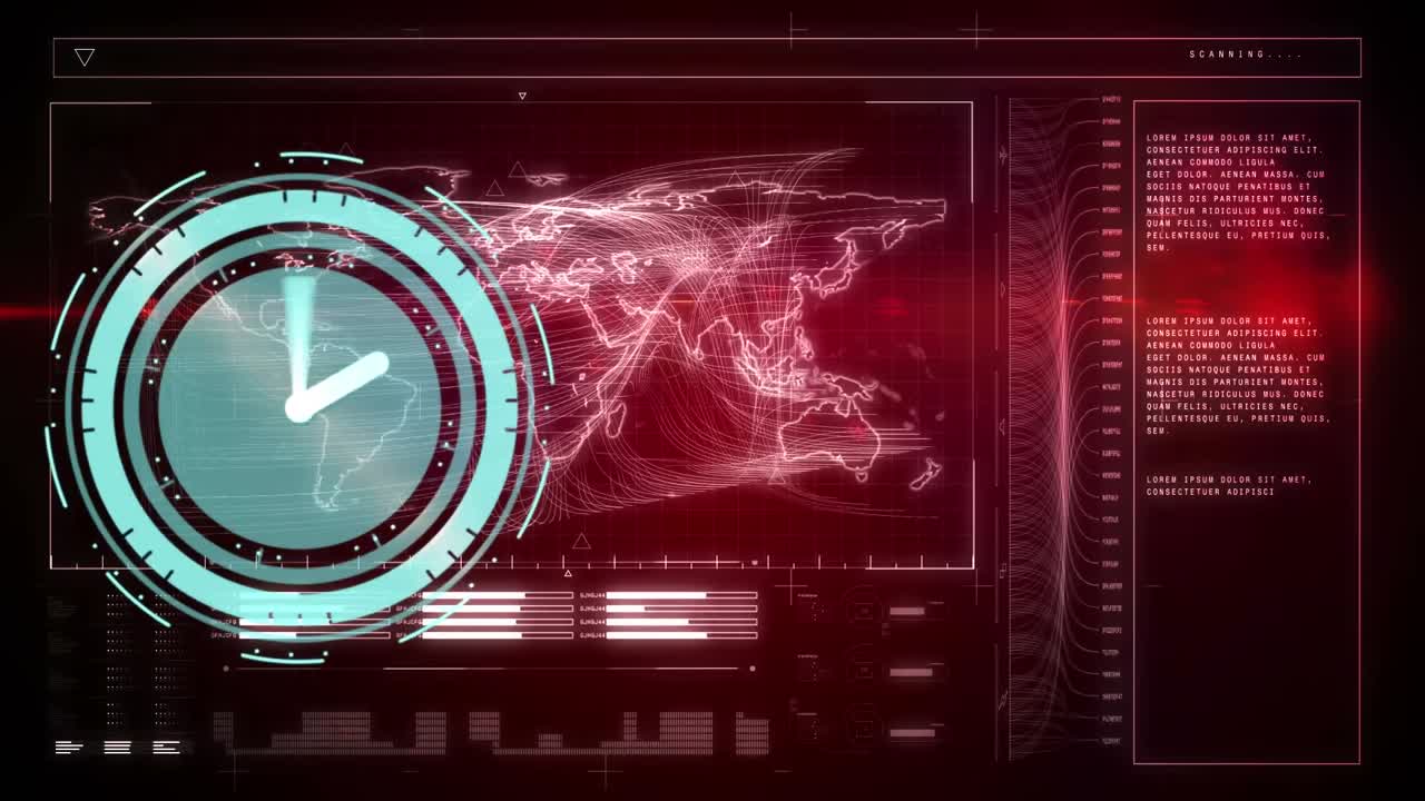 Animation of clock and statistics processing on dark background