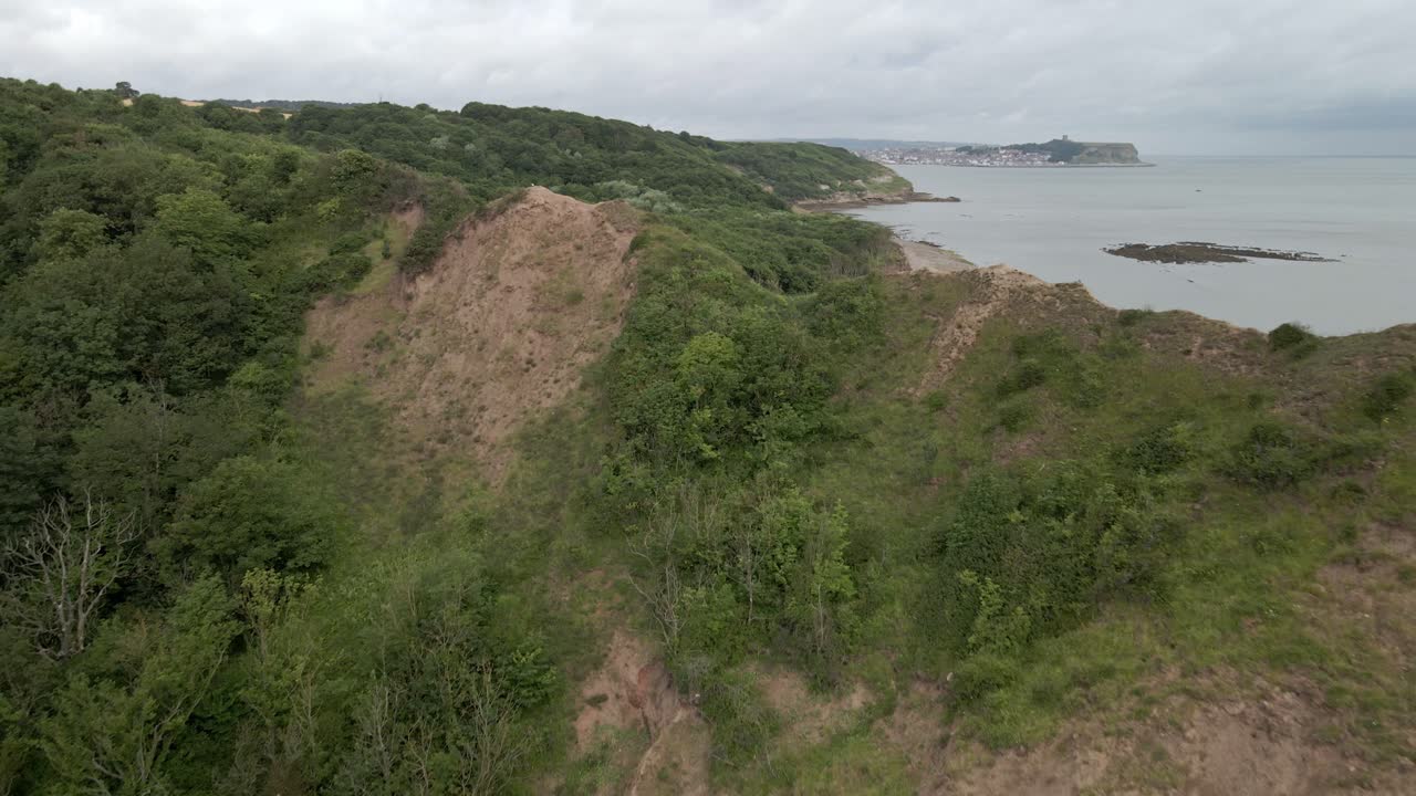foto aérea de los acantilados, la playa y scarborough, north yorkshire en un día nublado
