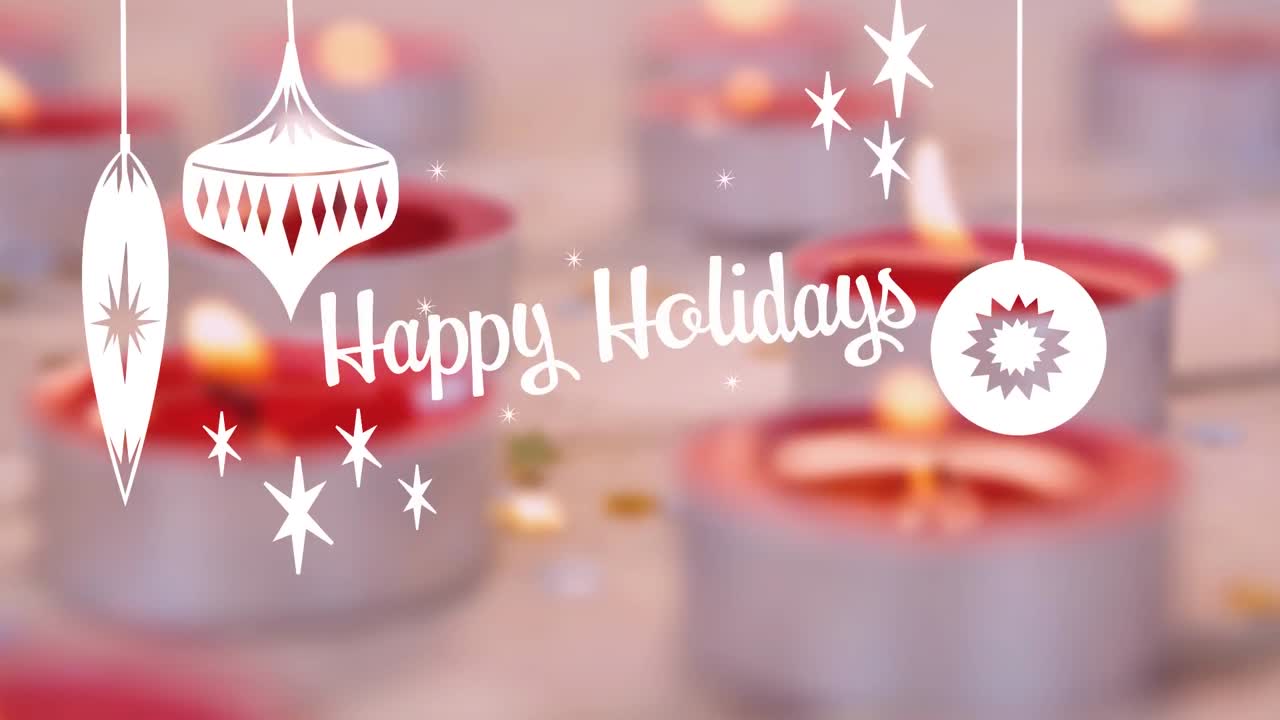 Animation of happy holidays text over candles