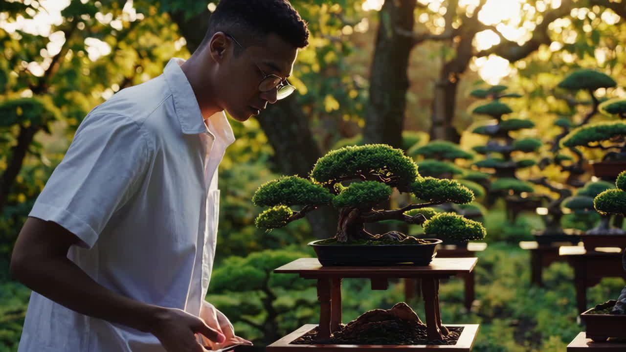 Bahçede Bonsai Ağaçlarına Özenle Bakan Adam