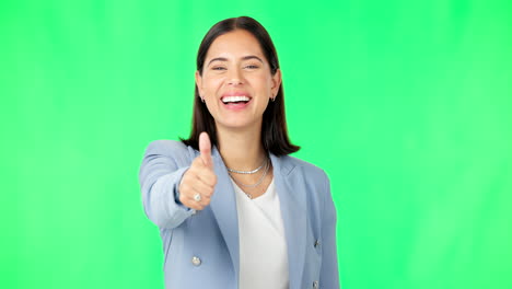 mujer de negocios, mano y pulgares en la pantalla verde