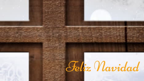 animation of feliz navidad text over christmas tree and wooden window frame against winter landscape