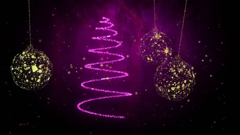 Animation-of-purple-christmas-tree-over-golden-baubles-on-black-background