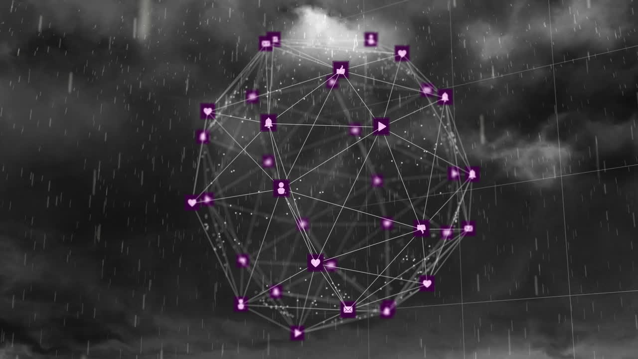 animación de la red de conexiones con iconos sobre la tormenta