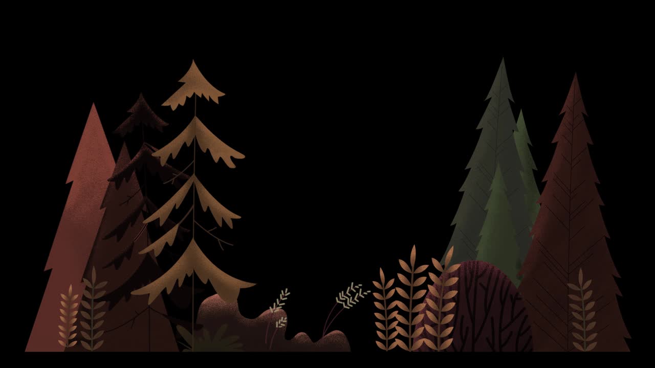 끊임없는 루프: 상록 나무, 풀과 덤불의 그룹, 바람에 흔들리는. 가을 오렌지와 갈색.