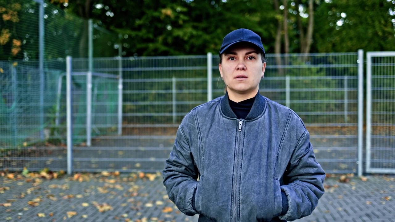 A woman in a jacket and cap stands near a sports field that is fenced with a net. A gloomy woman stands behind the bars. A paranoid woman walks in the fall.