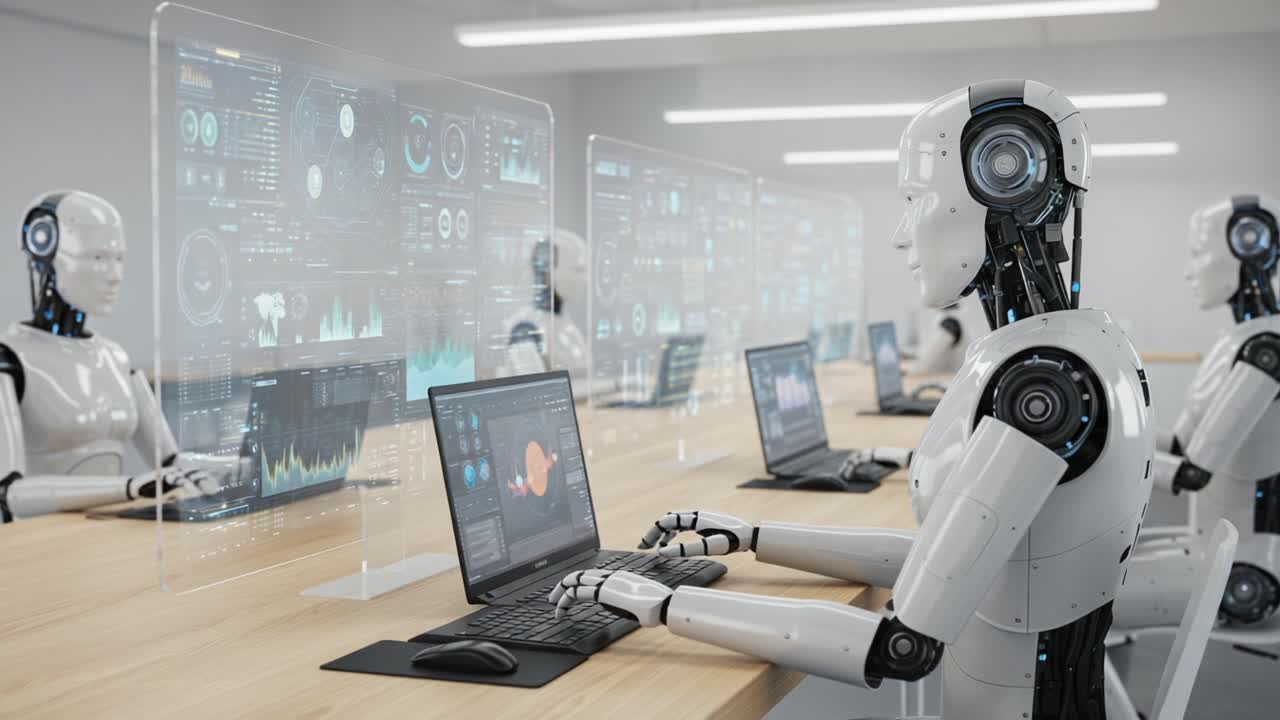 Robotic Workforce Engaged in High-Tech Data Analysis with Advanced Interfaces and Visualization Metrics in a Futuristic Office Environment