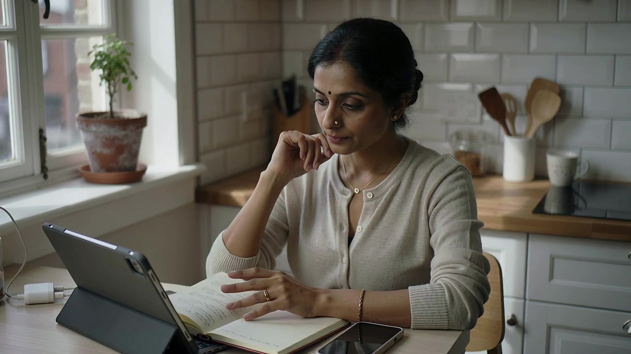 Referencing tablet, Indian woman in cardigan cross-referencing notes at kitchen table, studying
