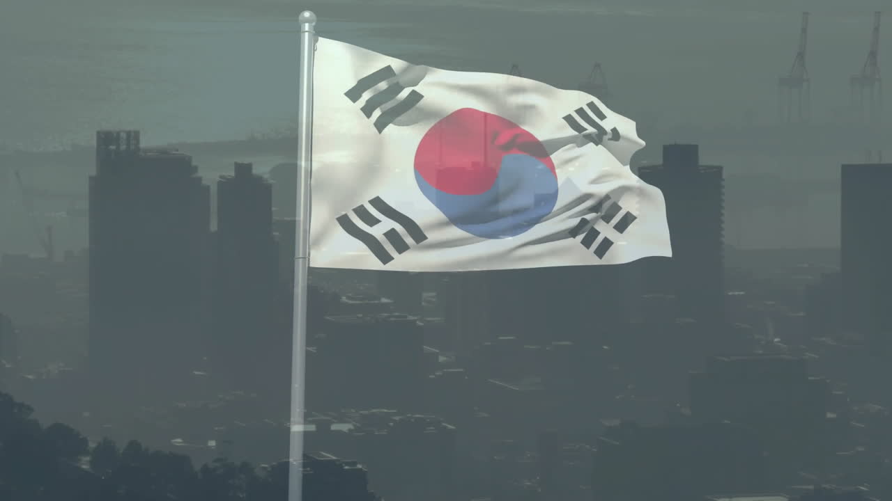 South Korean flag waving over hazy skyline, silver pole and port cranes moving in flat design