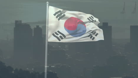 south korean flag waving over hazy skyline, silver pole and port cranes moving in flat design