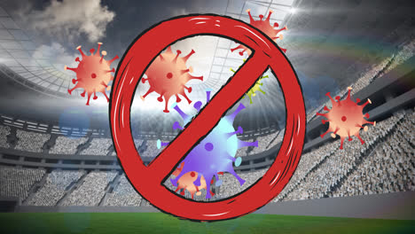 Animation-of-no-entry-sign-over-covid-19-cells-and-sports-stadium