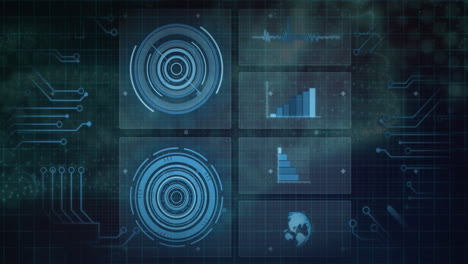 animation of interface with round scanners and statistical data processing against neon digital wave