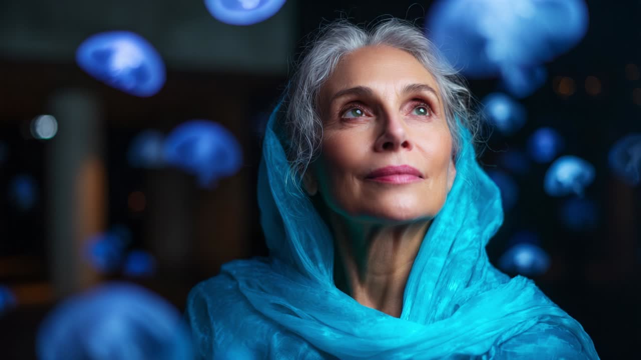 A graceful woman with silver hair gazes thoughtfully upward, surrounded by ethereal blue jellyfish, symbolizing tranquility, wonder, and the beauty of nature in a serene, dreamlike atmosphere