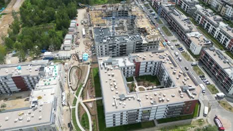 Wilanow,-Drone-aerial-photo-of-modern-residential-buildings-in-Wilanow-area-of-Warsaw,-Poland