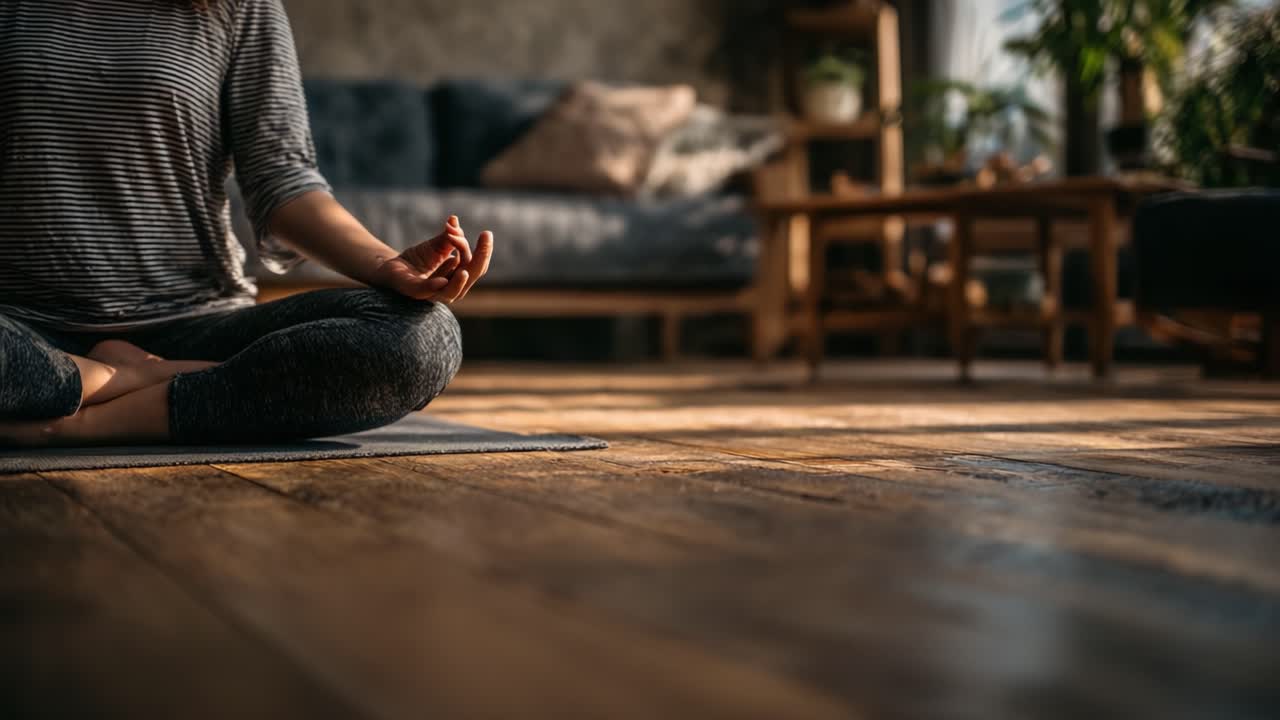 Consapevolezza e serenità: l'essenza della meditazione in un accogliente soggiorno, che cattura pace interiore e concentrazione durante una pratica tranquilla.