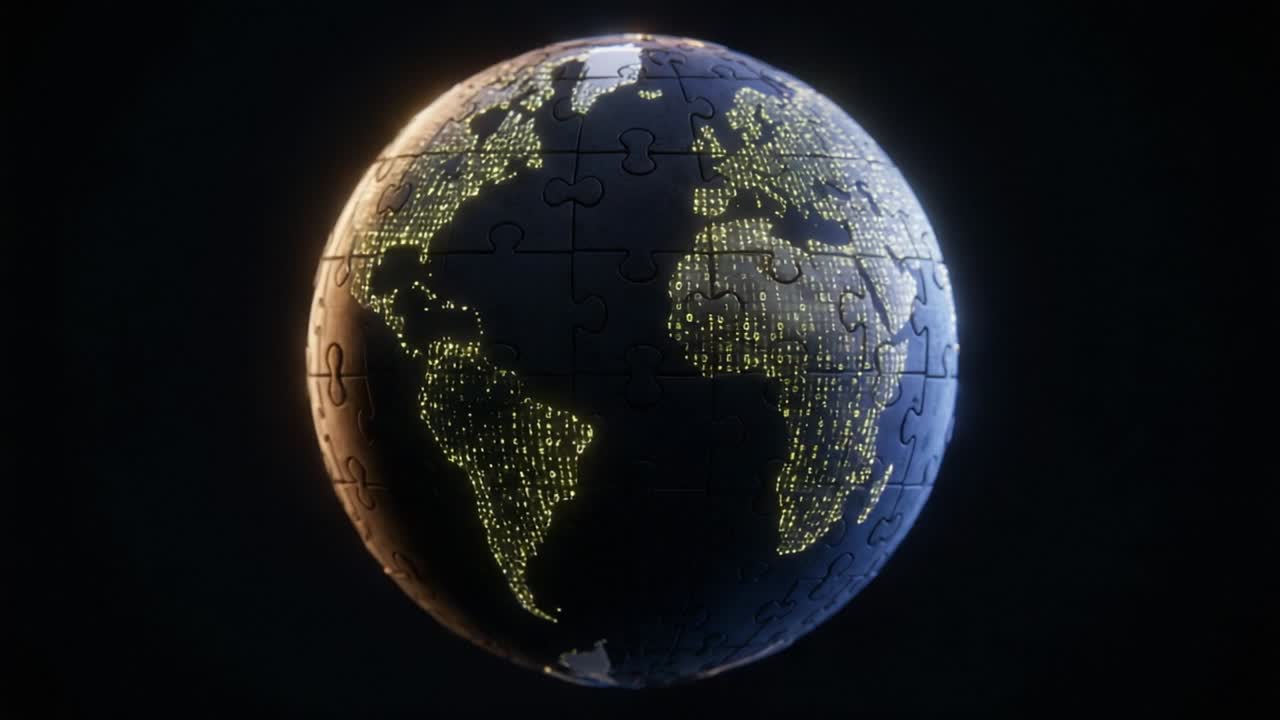 A Stunning View of Earth as a Puzzle: This Video Captures Our Planet with Illuminated Landmasses Amidst a Cosmic Background, Showcasing the Beauty of Our Home