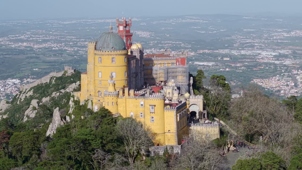 The Pena National Palace above the town of Sintra, drone shot