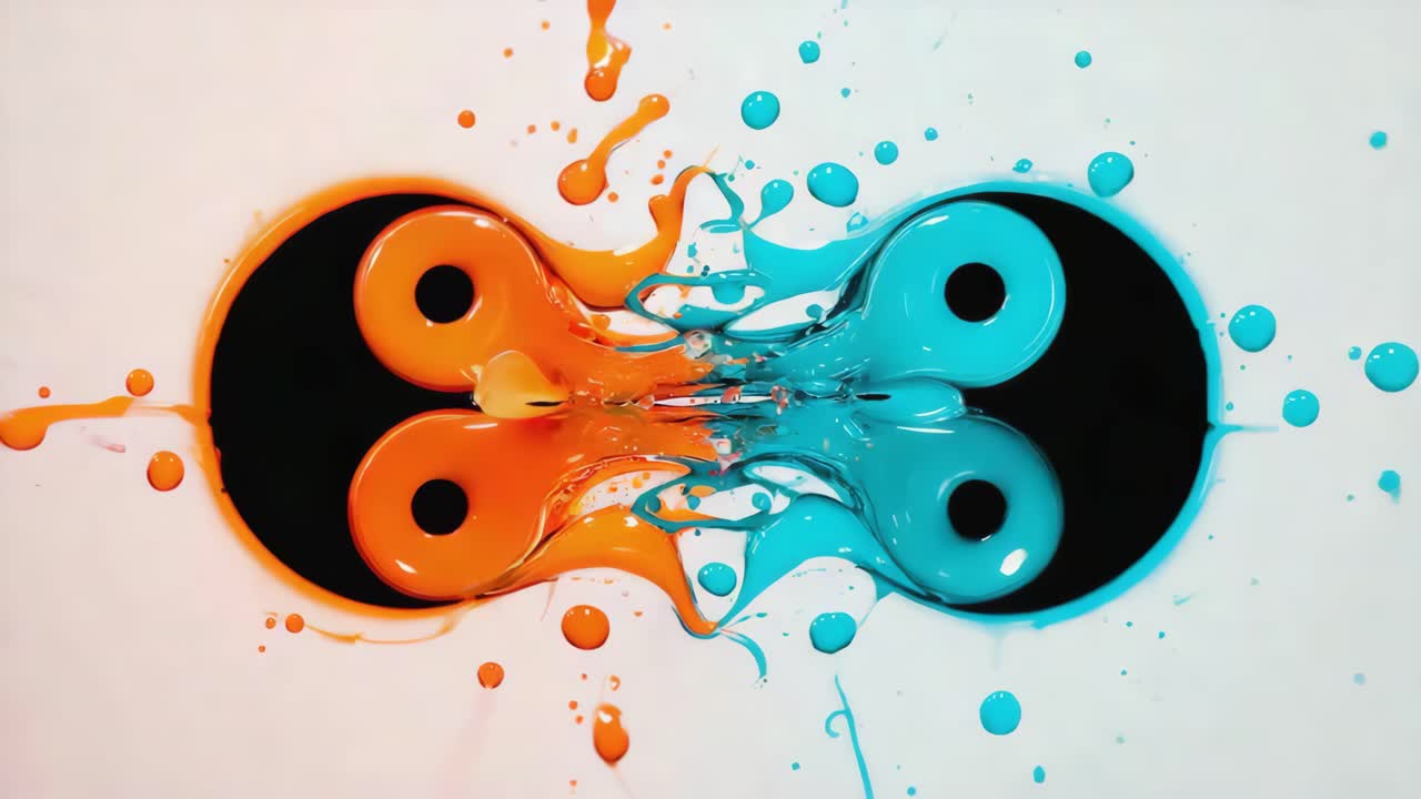 Dynamic Orange and Blue Paint Splash Merging Abstract Art