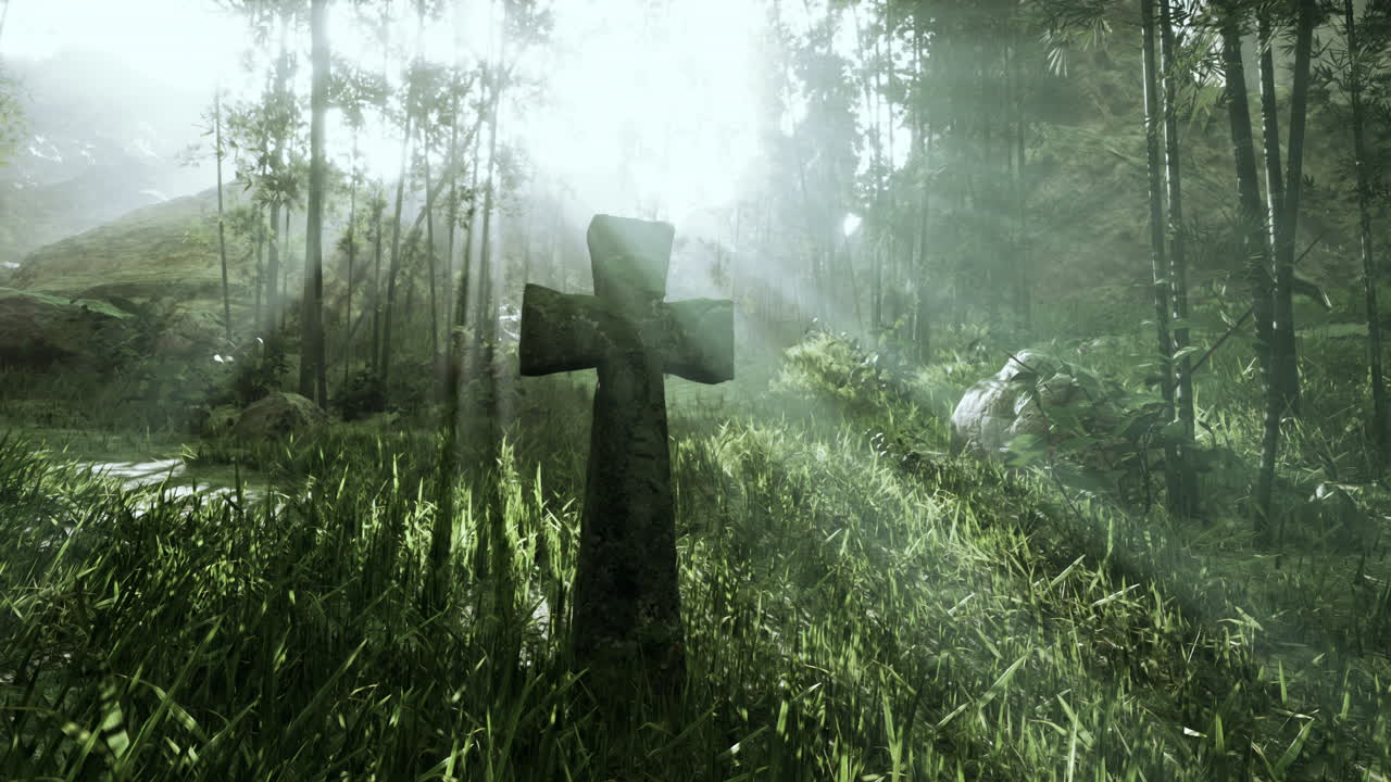 cruz de piedra en un bosque místico