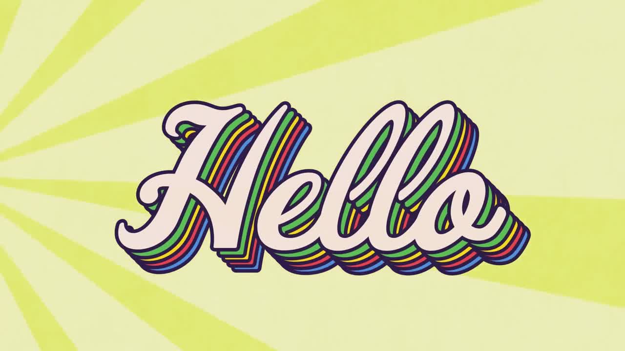 animación de un banner de texto de saludo contra rayos radiales en un patrón sin costuras sobre fondo amarillo