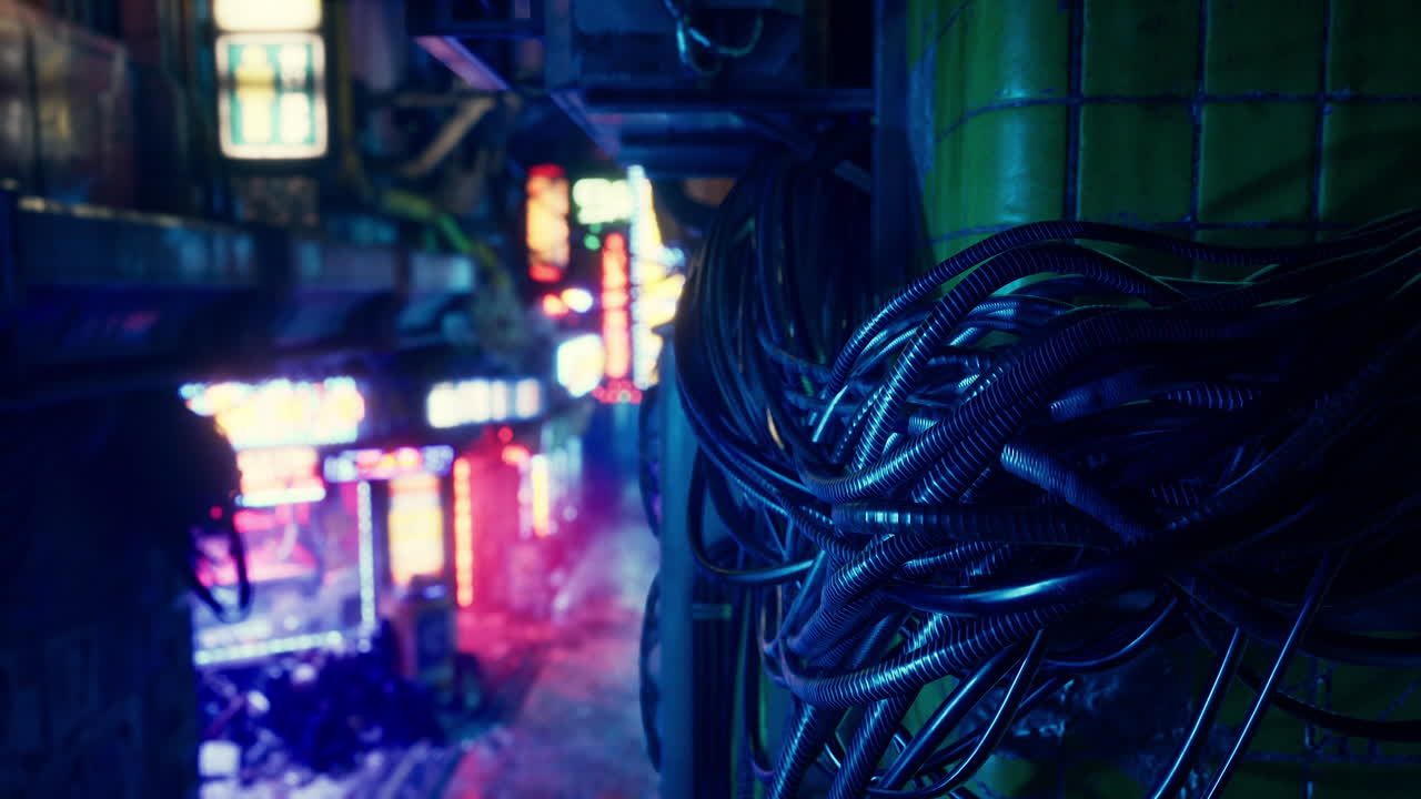 Cyberpunk City Night Scene with Corrugated Tubing