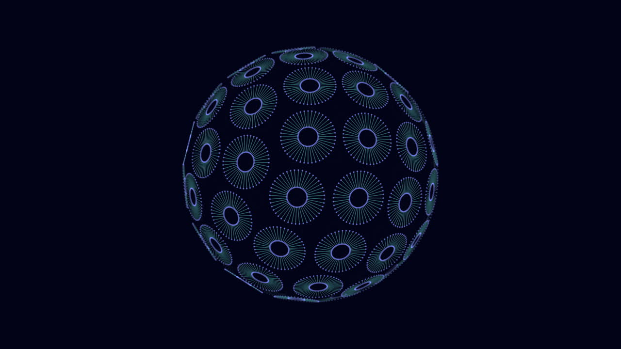 Futuristic 3D sphere with blue circle pattern, creating a complex design with overlapping circles, giving the image a tech-inspired aesthetic