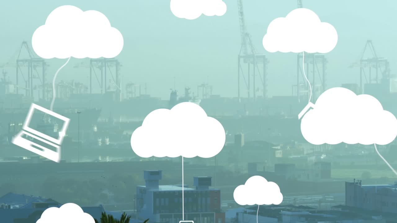 Animation of clouds with electronic devices over cityscape