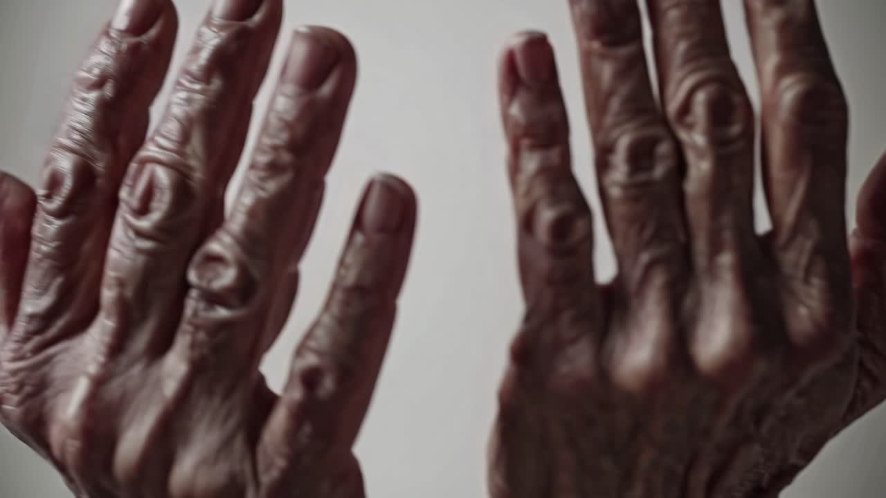 Close-up video of elderly hands with a soft focus, capturing the texture and details