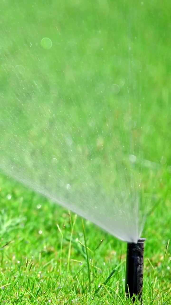 Irrigatore automatico che spruzza acqua su un prato verde e rigoglioso