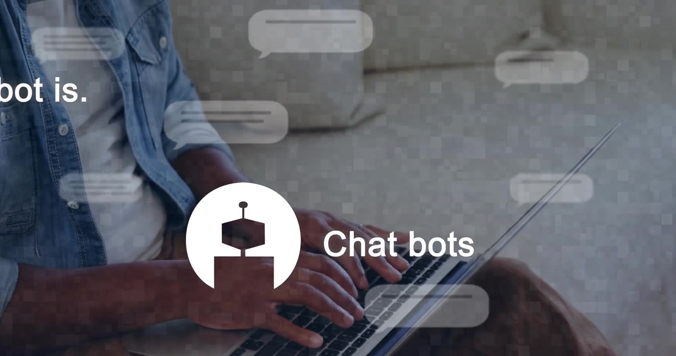 Indtastning starter chat-brugerfladen, et drivende robotikon og tekst vises, kameraet trækker sig tilbage, mens brugeren søger svar.