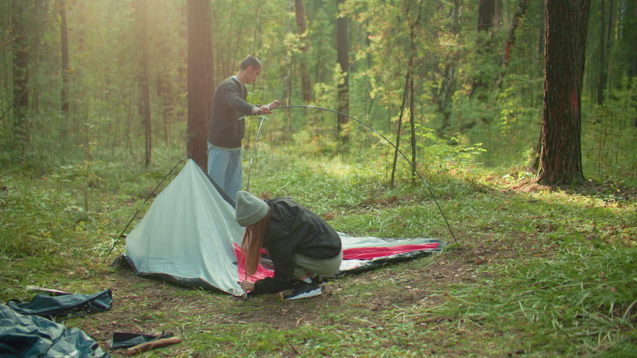 couple setting up tent in forest under sun glow as they insert poles and adjust fabric beneath sunlit canopy, showcasing teamwork and effort in outdoor camping preparation around trees and grass