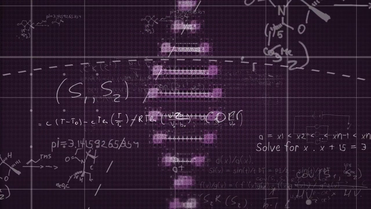 Pixelated helix rising, rotating, splitting and oscillating with formulas scrolling for analysis