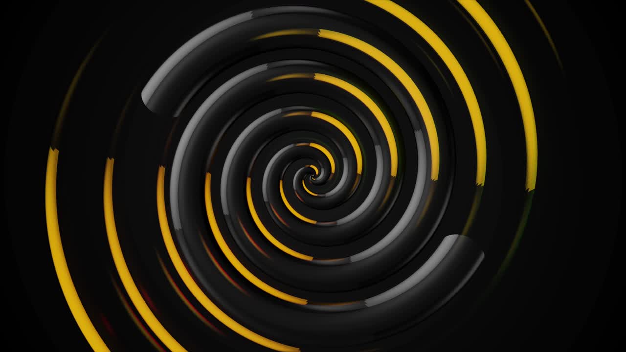 황색 반지로 둘러싸인 넓은 구부러진 줄무의 추상적인 아름답고 몽환적인 회전 나선형, 원활한 루프, 애니메이션, 검은색과 황금색의 모션 배경.