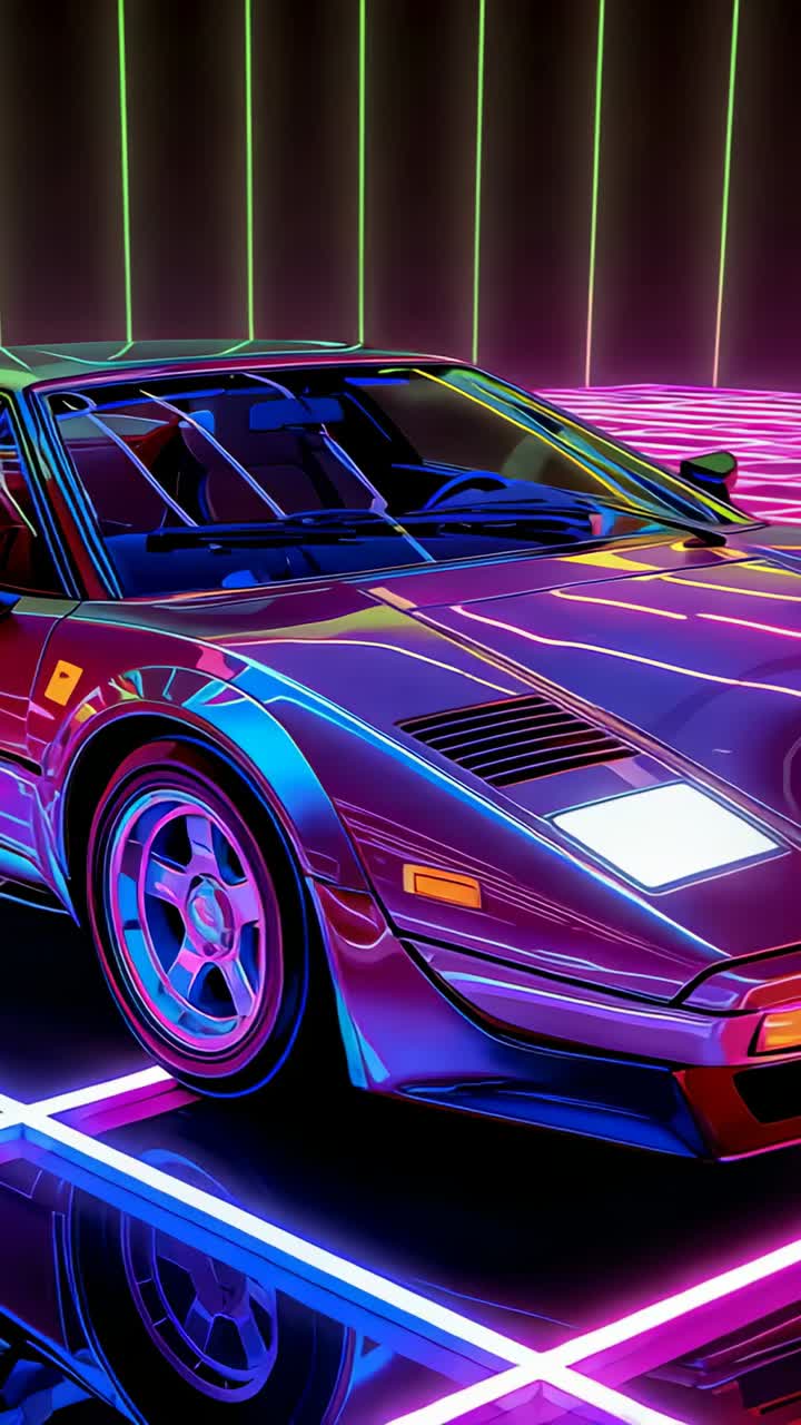 Vertical video: Panning camera and shifting lights revealing retro wedge car in studio, neon grid