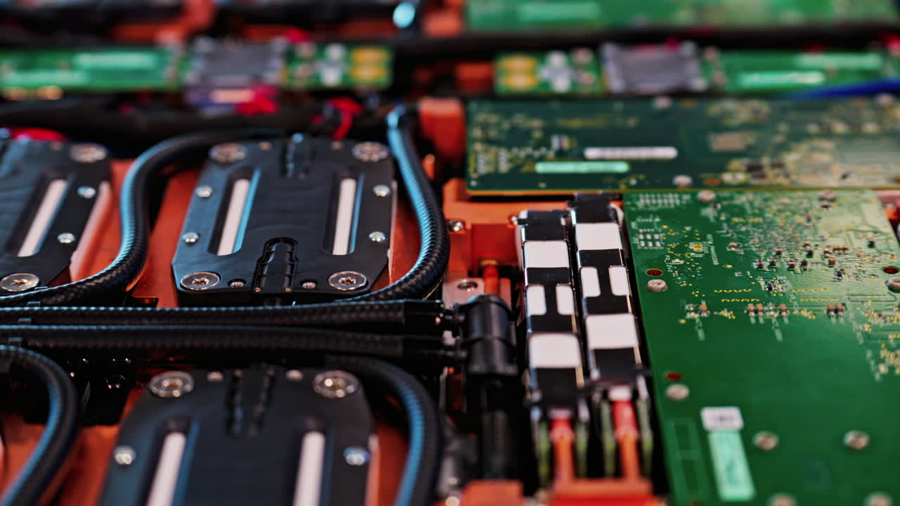 Close-up of an advanced electronic system with green printed circuit boards, insulated high-power connectors, and structured wiring