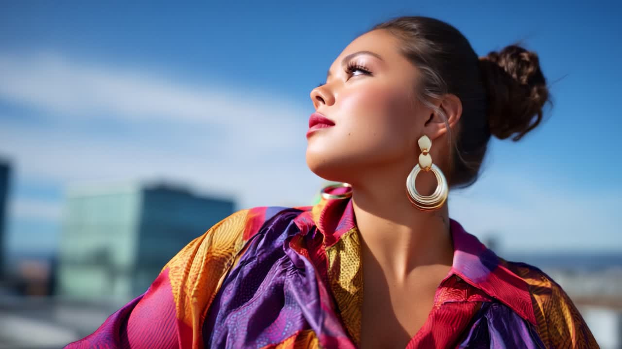 Ritratto accattivante di una donna elegante con accessori audaci su uno sfondo di cielo terso, che mette in risalto eleganza e sicurezza di sé con colori vivaci e scelte di moda artistiche
