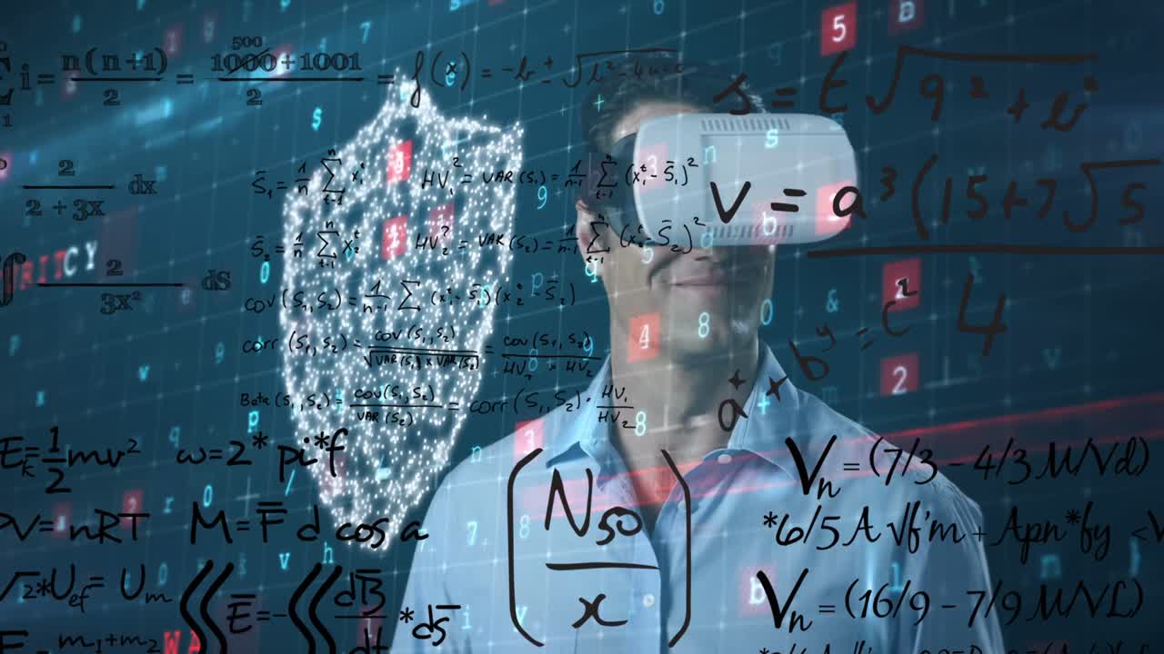 Animation of digital padlock and virus scanning over caucasian man in vr headset