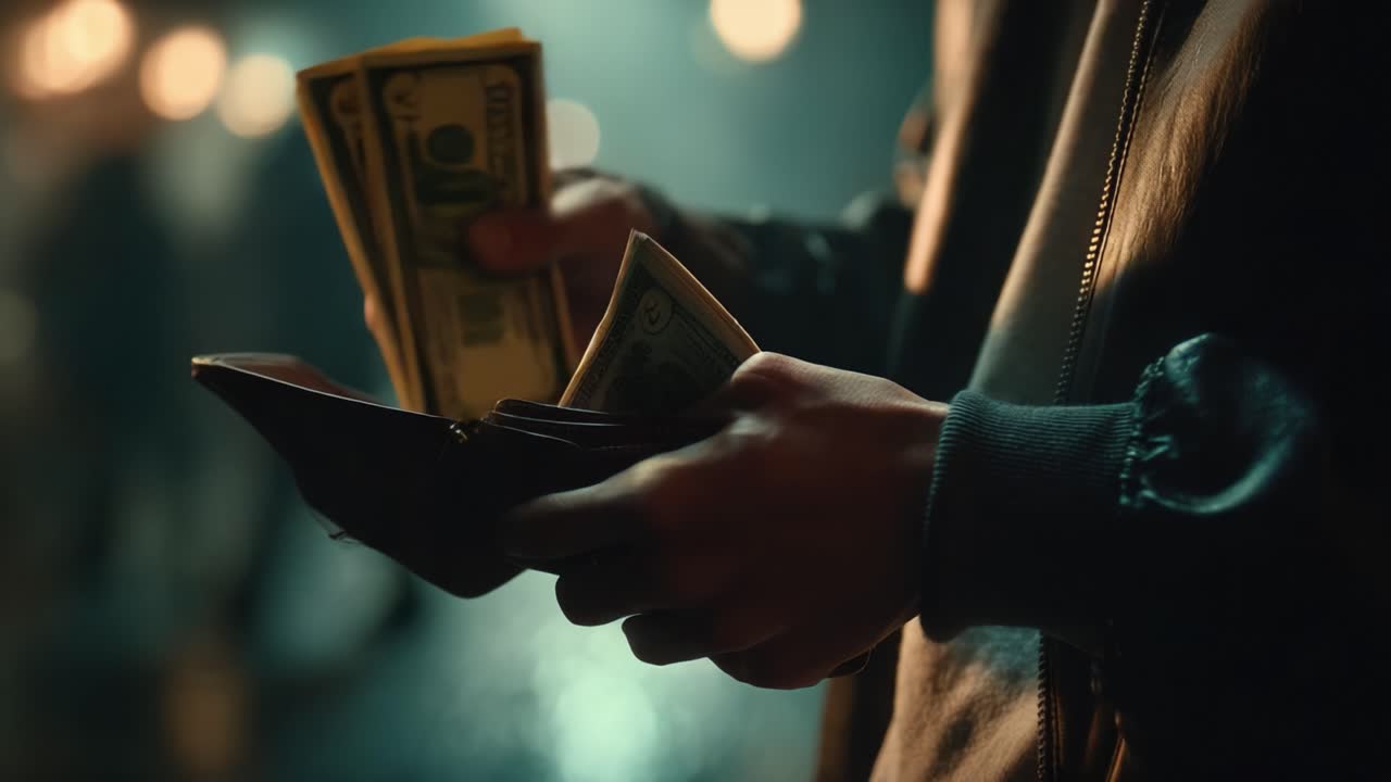 A close-up capture of a person examining cash bills in a wallet, illuminated by soft lights, revealing both the casual handling of money and the atmosphere of a bustling night scene
