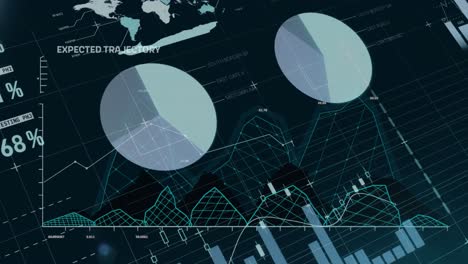 Animation-of-infographic-interface-over-multiple-graphs-with-numbers-against-black-background