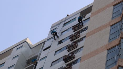 window cleaners working on a tall building facade