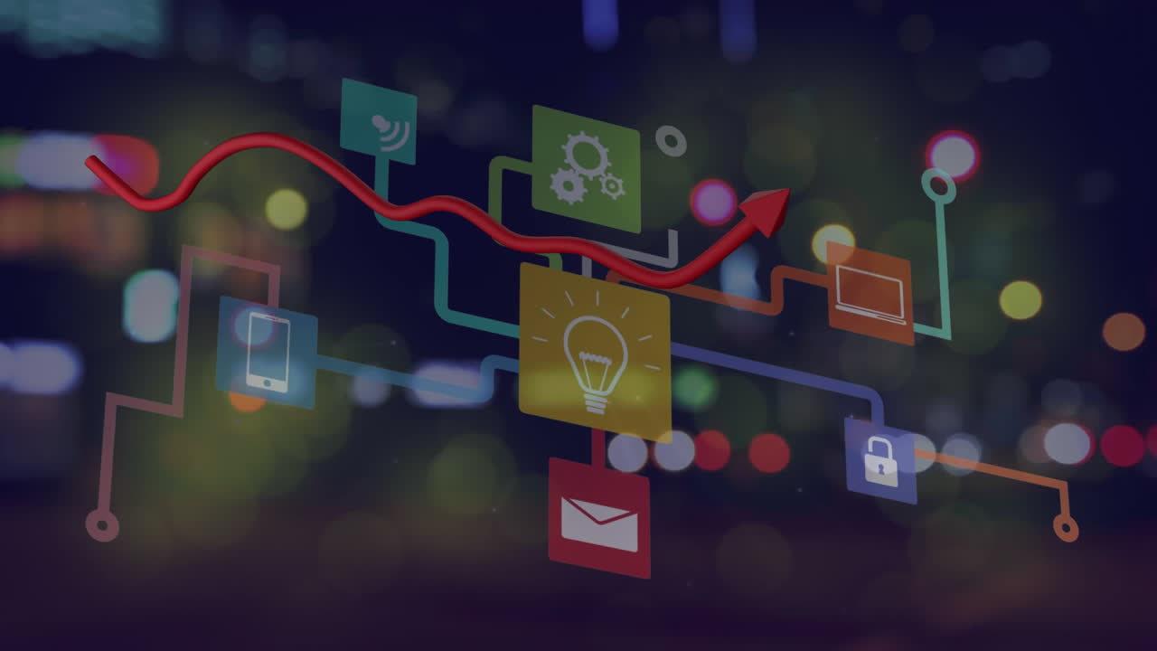 animación de la estadística con línea roja y red de conexiones sobre el tráfico vial fuera de enfoque.